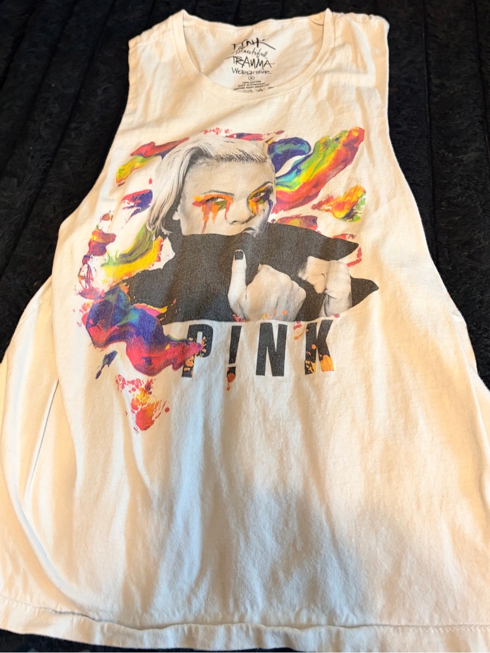 PINK Victoria's Secret White Graphic Tank with Rainbow Paint-Splash Portrait
